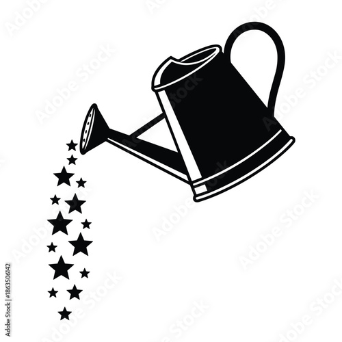 Magical watering can pouring stars fantasy garden concept black and white vector illustration.
