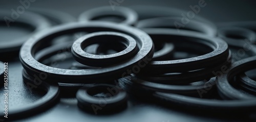 Pile of circular black rubber automotive gaskets. Precise machine parts function as seals in vehicle engines, mechanical systems. Used for car manufacturing, repair, industrial maintenance