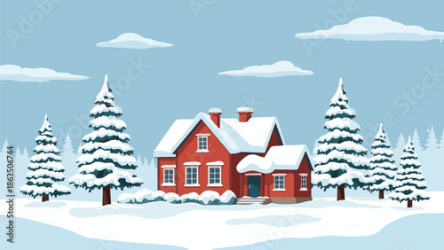 A charming crimson dwelling nestled within a pristine, snow-covered landscape, flanked by majestic evergreen trees under a tranquil blue sky, truly