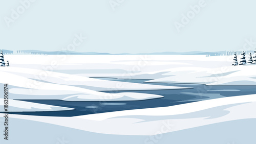 Expansive Winter Scene with Flowing River and Distant Trees Under a Pale Sky