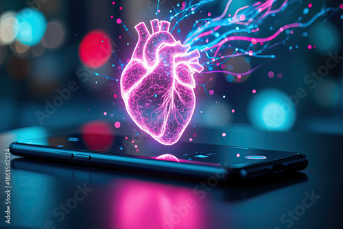 Digital health concept with a glowing anatomical heart hologram emerging from a smartphone