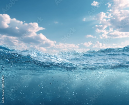 Underwater view of ocean waves meeting sky
