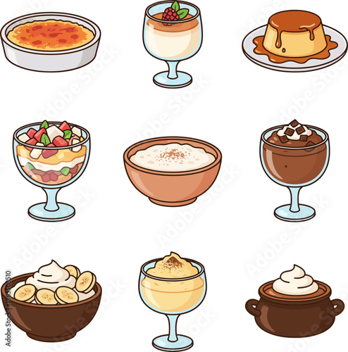 Diverse dessert and pudding set vector illustration