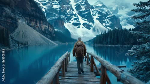 A hiker stands on a wooden bridge overlooking a serene turquoise lake surrounded by mountains and forest