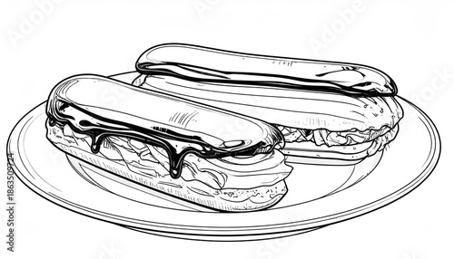 Elegant Eclair Pastries on a Plate - Detailed Line Art Illustration.
