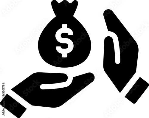 Hand holding money bag icon.
