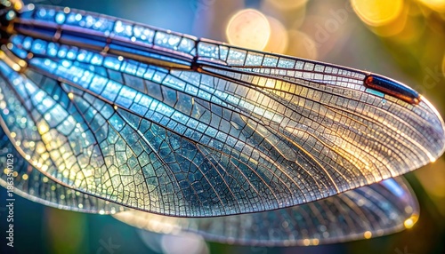 Close-up Macro Shot of a Dragonfly Wing with Iridescent Colors and Bokeh Background.