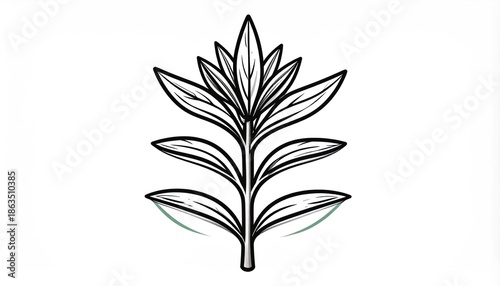 Elegant botanical illustration of a stylized plant with leaves.