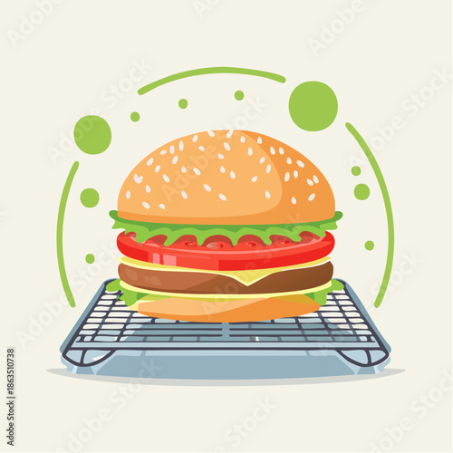 Pixel Art Juicy Cheeseburger With Sesame Seed Bun On Cooling Rack With Green Bubbles
