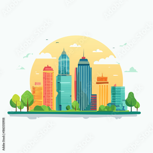 Modern Cityscape with Colorful Tall Buildings Green Trees and a Large Orange Sun in the Background