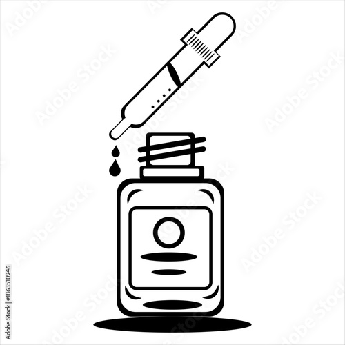 Title: Medical Serum Dropper Bottle Icon – Black & White
Description: Simple black & white vector icon of a medical serum dropper bottle, perfect for healthcare, lab, and pharmaceutical projects.