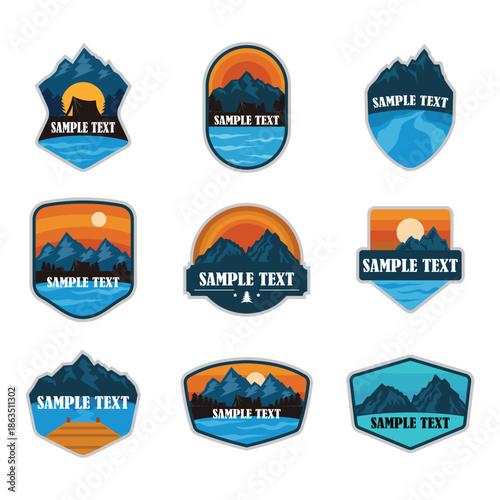 Set of outdoor mountain badge logo with sample text mockup