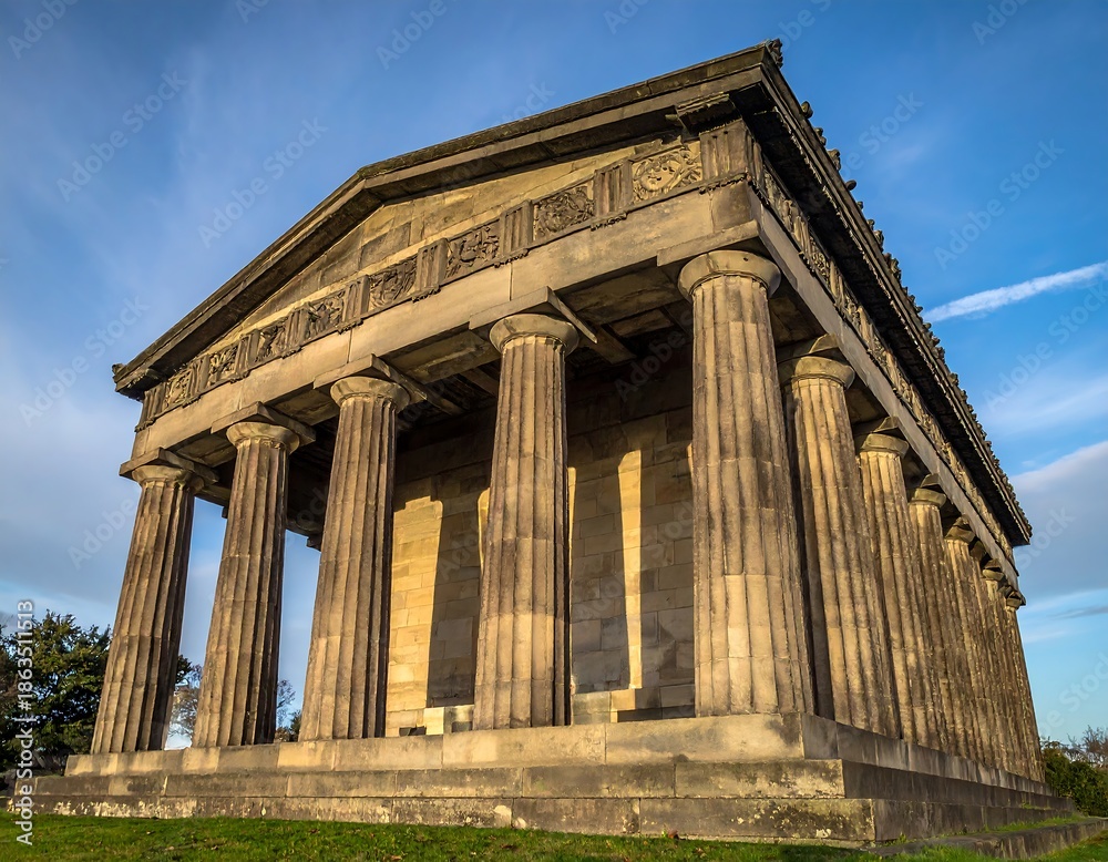 Obraz premium Stone classical building with columns, under a partly cloudy blue sky