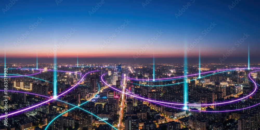 Obraz premium Futuristic technology connection concept connect abstract city wave line kuala lumpur landscape glowing at night, neon light point over modern skyline create digital network fantasy scene