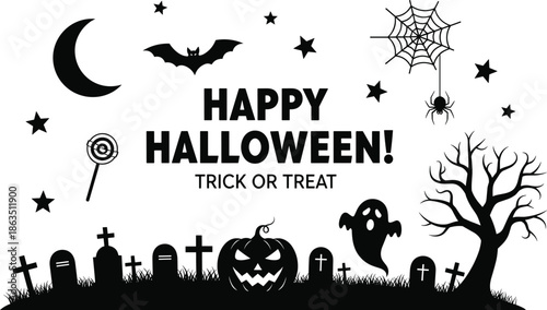 Happy Halloween Trick or Treat Vector Background with Spooky Graveyard Pumpkin Ghost Bat Spider Web and Cemetery Silhouettes for October Celebration