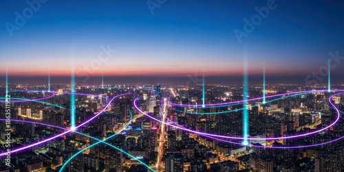 Futuristic technology connection concept connect abstract city wave line kuala lumpur landscape glowing at night, neon light point over modern skyline create digital network fantasy scene