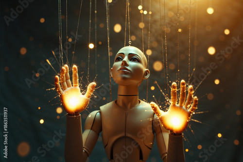 Conceptual image of a puppet or robot discovering its power with glowing hands