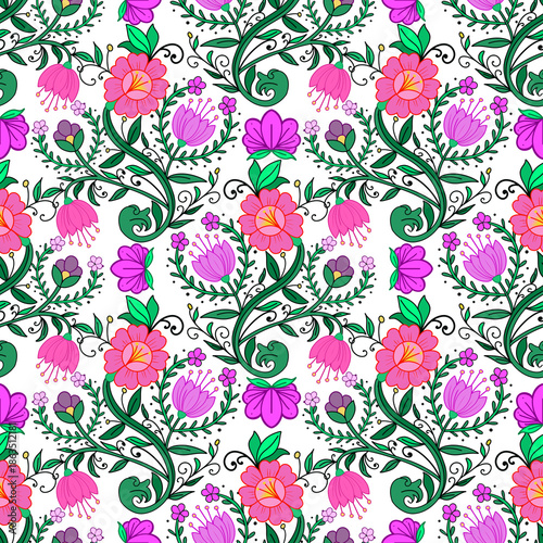 Seamless Floral Vine Pattern with Colorful Flowers. Decorative seamless floral pattern with vines, leaves, and colorful flowers on white background. Suitable for textile, wallpaper, packaging