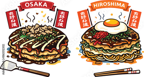 Foto Okonomiyaki vector showing Osaka and Hiroshima styles, layered ingredients, savory toppings, and Japanese street food