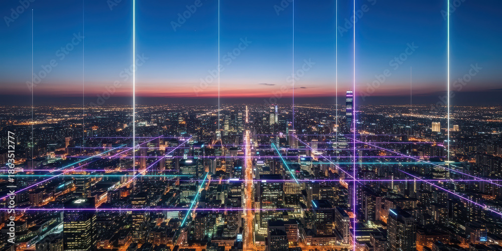 Obraz premium Futuristic line kuala concept technology point connection connect abstract city wave lumpur landscape glowing network over modern skyline at dusk