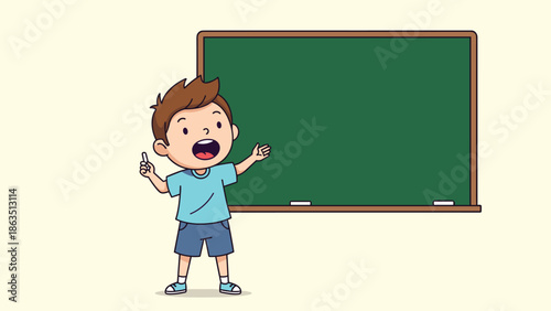 Cartoon schoolboy standing by empty chalkboard illustration