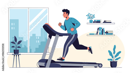 Man running on a treadmill in a room illustration