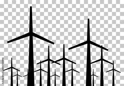 Silhouettes of multiple wind turbines against a transparent background, representing renewable energy.