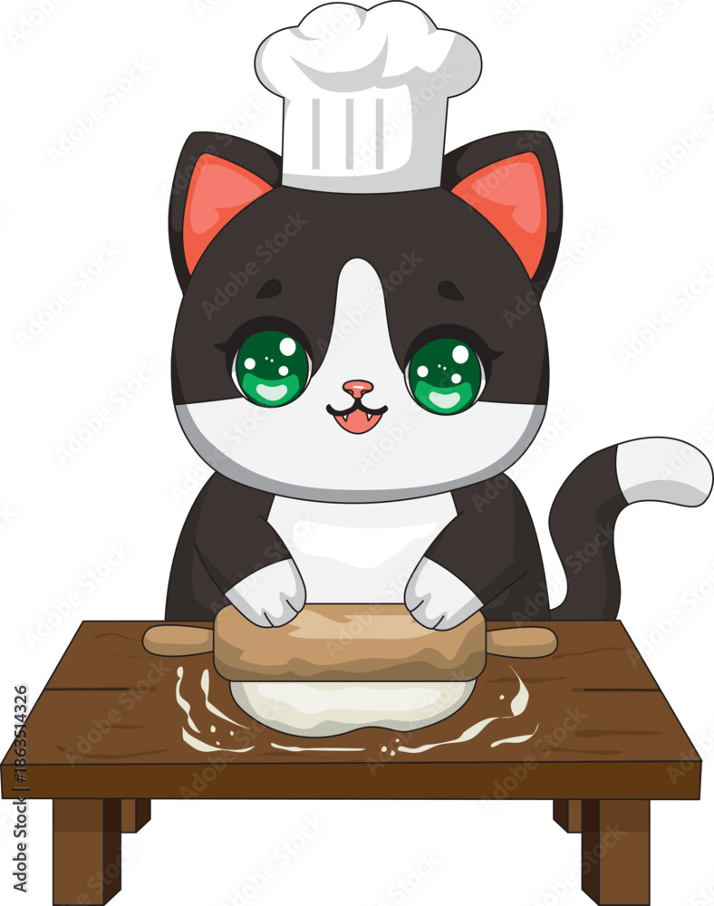 Fototapeta premium Cat Making Food Kitten Baker Cooking Chef Hat Kitty Vector