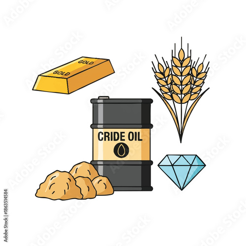 Cartoon illustration of a crude oil barrel with gold bar, wheat, diamond, and coal on a white background, conveying a cute and playful mood with a flat lay composition.