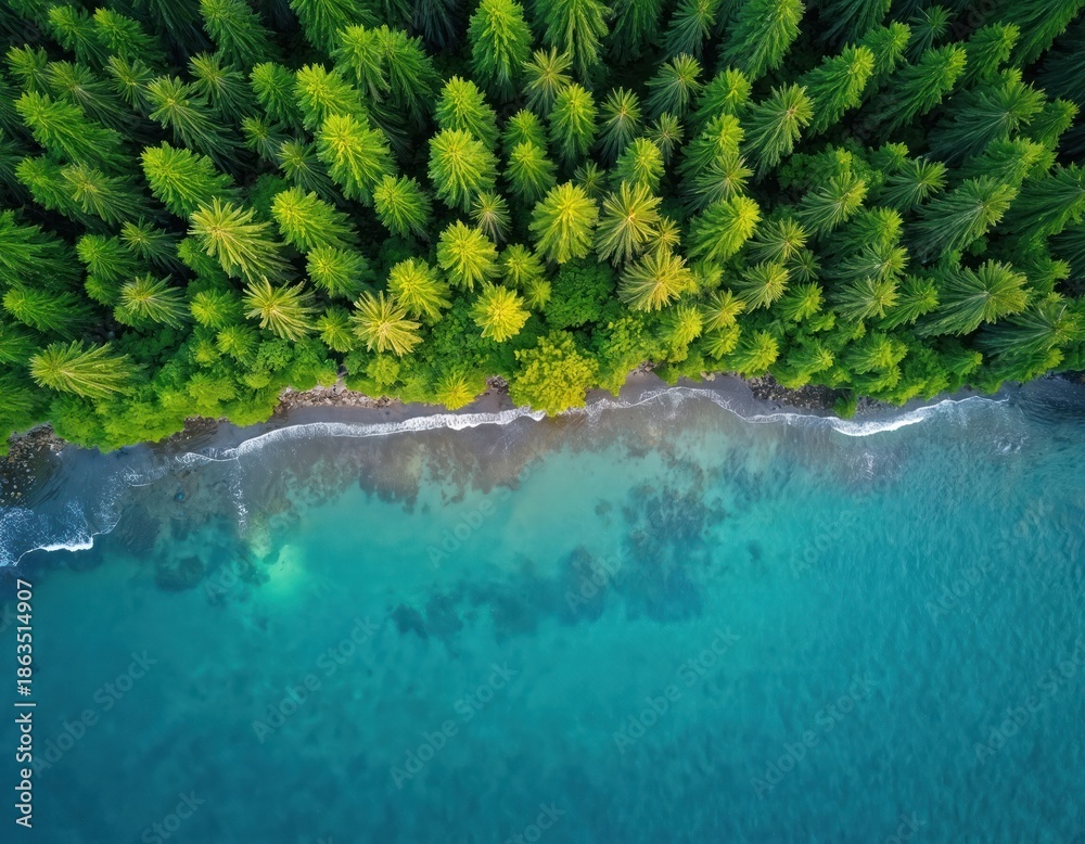 Fototapeta premium Aerial drone view of rich green forest meeting clear blue ocean waves. Coastline edge with dense trees and calm sea water. Natural landscape beauty from above.