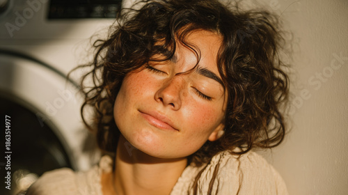 Photo of non-binary person finding peace and meditating in a bright laundry room