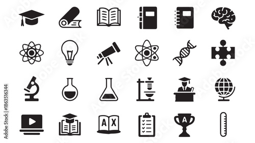 A collection of black and white icons representing various academic and scientific concepts and objects