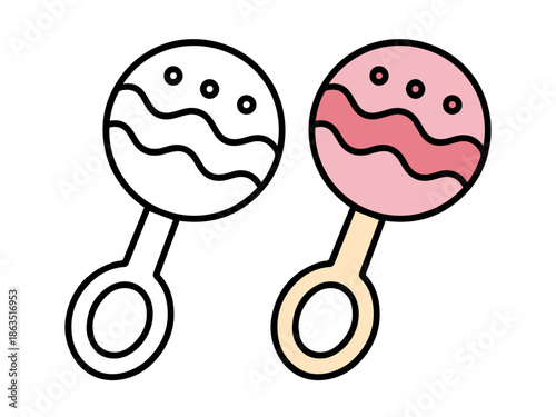 Simple baby rattle illustration with a colored version and an outline version, cute and minimal style suitable for icons, stickers, baby products, kids content, and coloring pages.