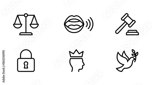 Minimalist line icons representing human rights, law, and justice. Features scales of equality, freedom of speech, gavel, privacy lock, dignity, and peace dove. Ideal for legal and social projects.