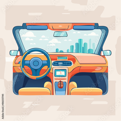 Modern Orange Convertible Car Interior Dashboard With Blue Steering Wheel And Cityscape View Through Windshield