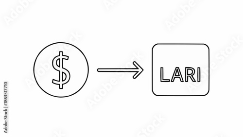 Dollar coin symbol pointing to Lari currency symbol illustration.