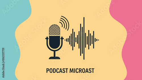 Flat design podcast microphone with audio waveform on a colorful abstract background.eps