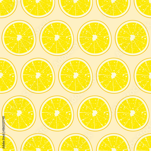 Fruit seamless pattern with citrus slice lemon. Bright summer print in flat style. Vector illustration for fabric, packaging, wallpaper, textiles, wrapping paper, digital design