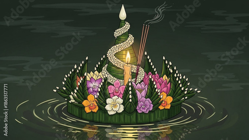 A serene and peaceful floating flower arrangement with candles and incense on rippling water at dusk, symbolizing spirituality and tranquility in a natural setting
