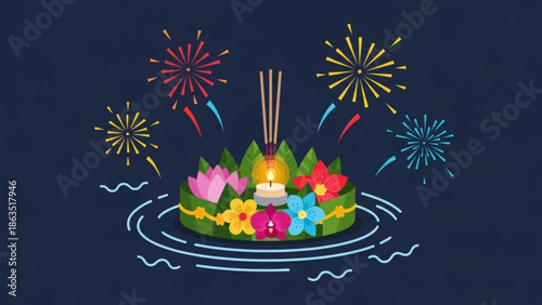 Vibrant loy krathong festival float with colorful flowers, lit candle, incense sticks, and fireworks on dark blue background, symbolizing release and celebration