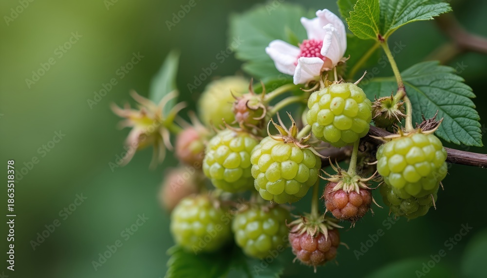 Fototapeta premium Green raspberries grow on a bush branch with a small white flower and green leaves. Some fruits are still red and small, showing early stage growth. The background is a soft blur of nature.