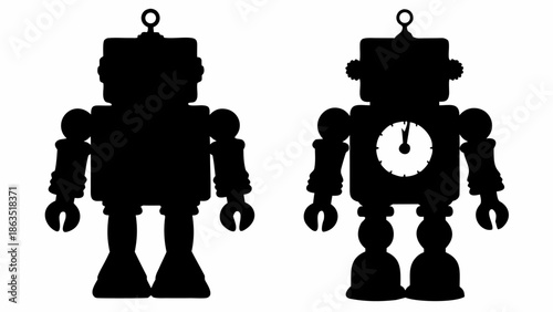 Two robot silhouettes with clock face on one