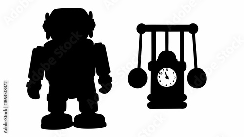 Robot and grandfather clock in black silhouette on white
