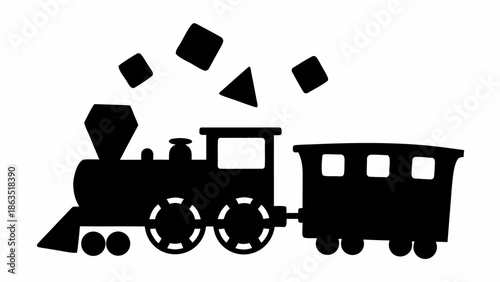 Vintage toy train with falling blocks on white background