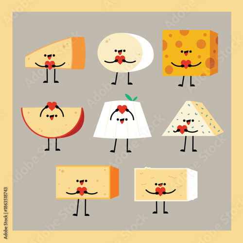 Cute Cartoon Style Various Cheese Type Holding Heart Character Illustration