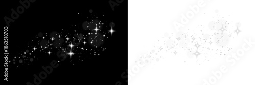 white sparkling light dust and glowing starbursts float across a dark background, creating a magical, elegant atmosphere with shimmering particles and radiant bokeh effects. floating glitter dust.