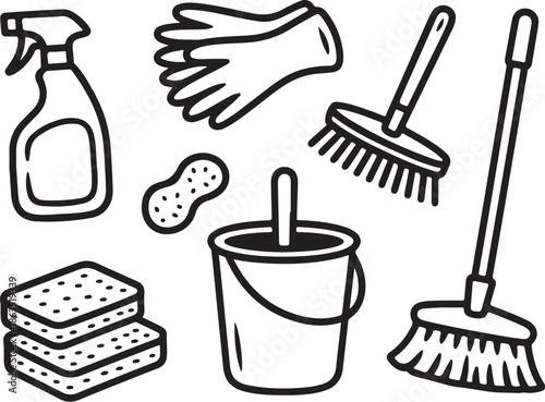 A collection of cleaning supplies on a white background