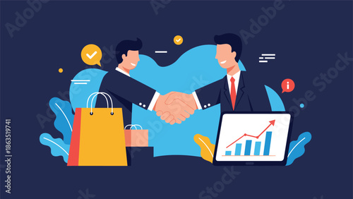 Two businessmen finalize a successful retail partnership with a firm handshake, showing business growth on a laptop screen.