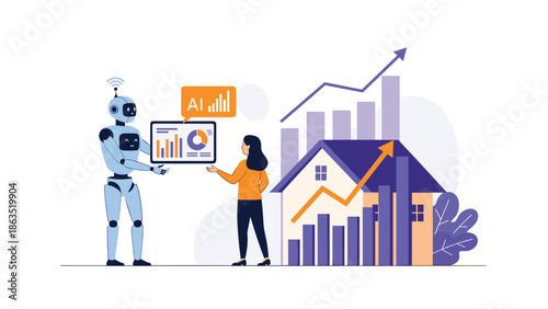 An AI robot presents a real estate market analysis on a tablet to a woman, with charts showing property value growth.