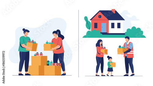 Volunteers pack and distribute humanitarian aid boxes with food and supplies to a family in need, showcasing community support.